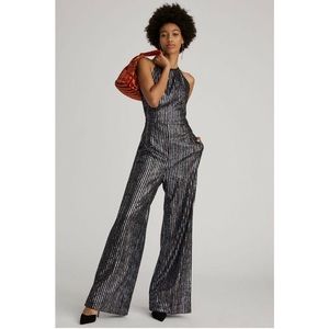 NWT Anthropologie Disco Halter Jumpsuit 8 $180 HTF Black Sequined Sleeveless